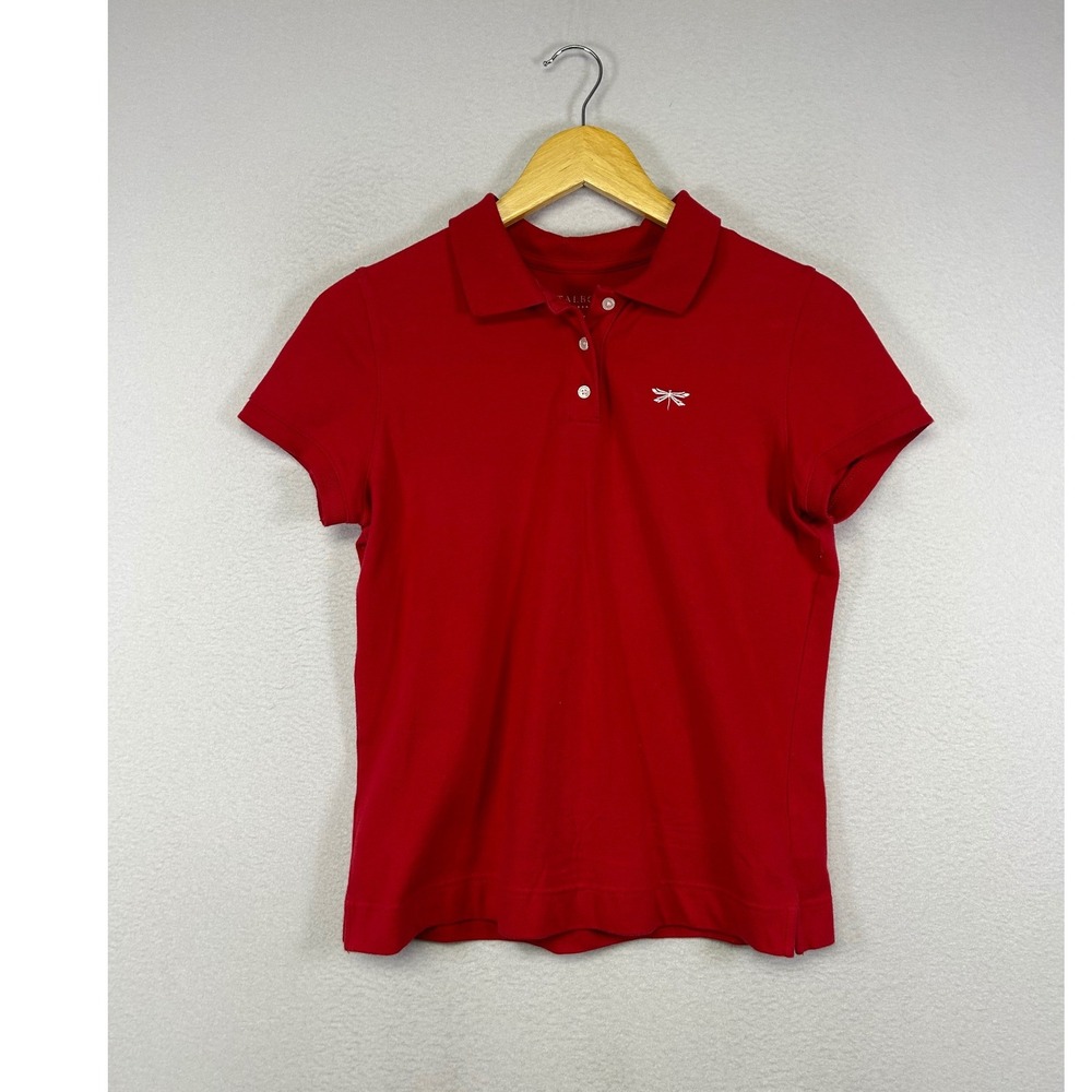 Preppy‎ Talbots Womens Small Red Short Sleeve Dragonfly Embroidered Polo Shirt